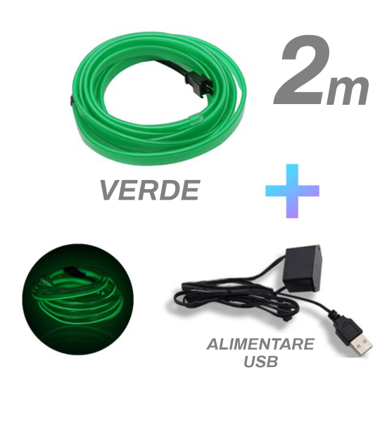 Fir cu neon, verde, 2 metri, 5V, alimentare USB
