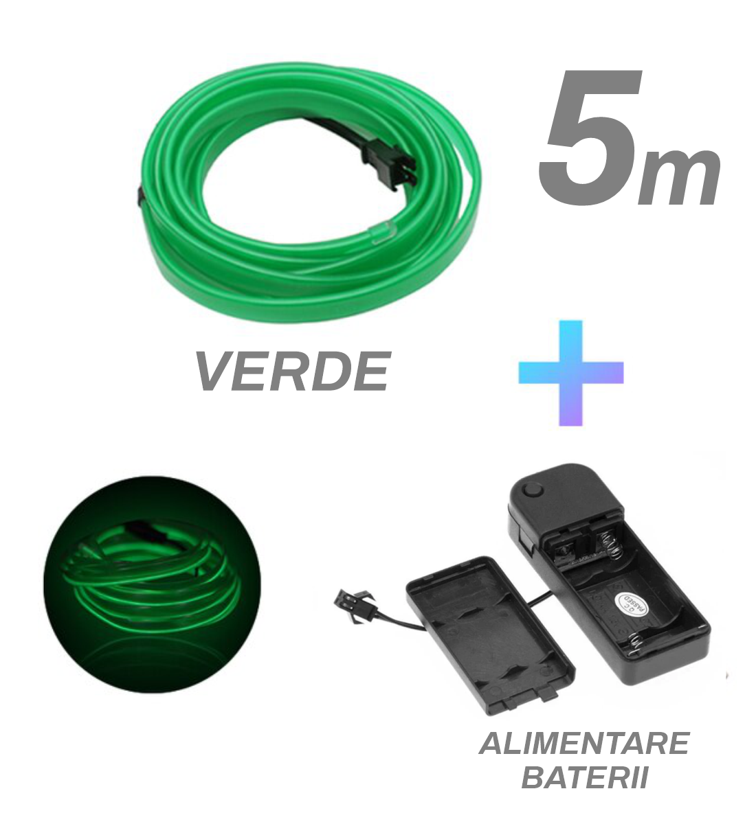 Fir cu neon, verde, 5M, 3V, alimentare baterii Fir cu neon, verde, 5M, 3V, alimentare baterii