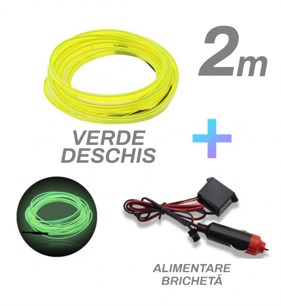 Fir cu neon, verde deschis, 2 metri, 12V, alimentare bricheta Fir cu neon, verde deschis, 2 metri, 12V, alimentare bricheta