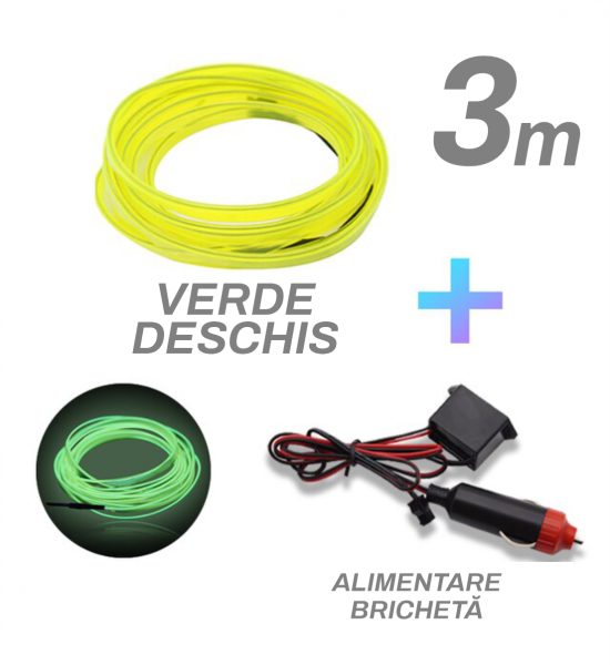 Fir cu neon, verde deschis, 3 metri, 12V, alimentare bricheta