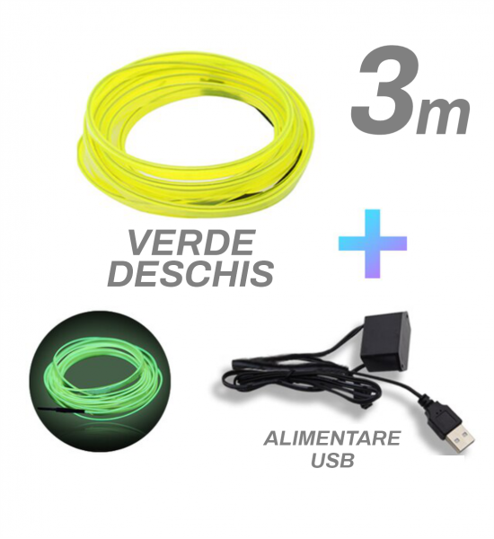 Fir cu neon, verde deschis, 3 metri, 5V, alimentare USB
