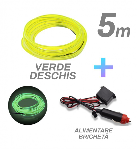 Fir cu neon, verde deschis, 5 metri, 12V, alimentare bricheta