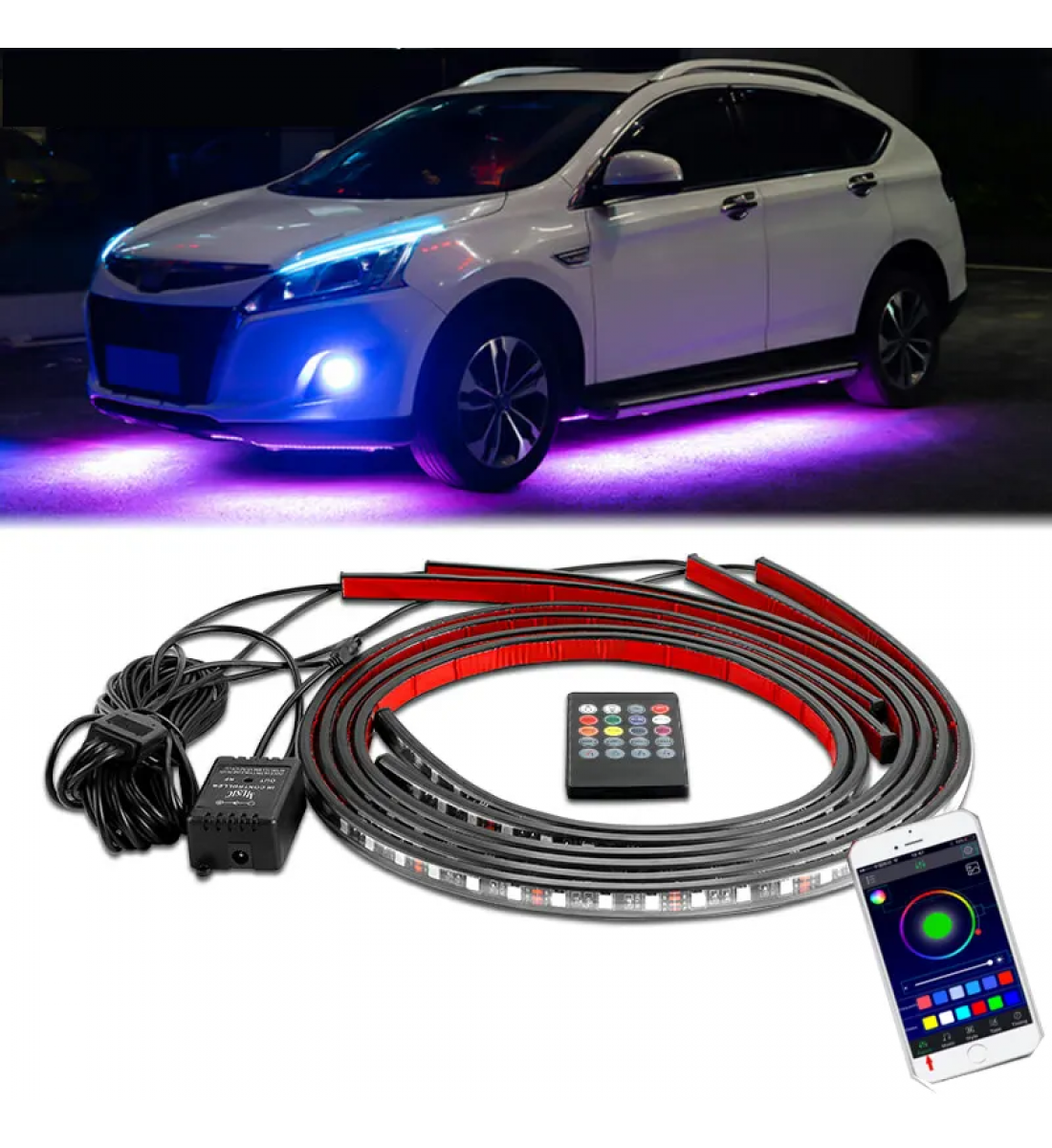 KIT ILUMINARE SUB MASINA, LED RGB, MULTICOLOR, BLUETOOTH SI CONTROL DIN TELEFON, 2 BUC X 60 CM SI 2 BUC X 120 CM