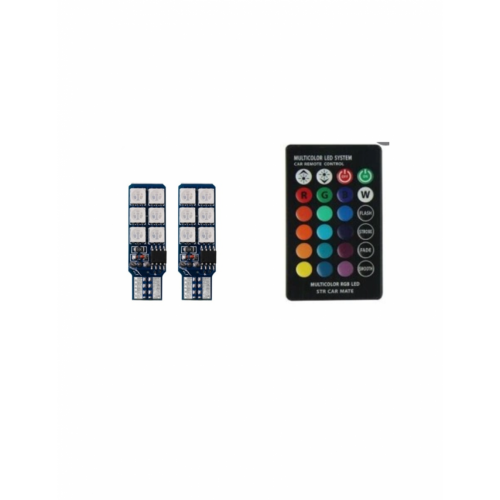Set 2 Becuri  Auto, W5W/T10/501, 12  Smd tip 5050, 12v, lumina RGB cu telecomanda
