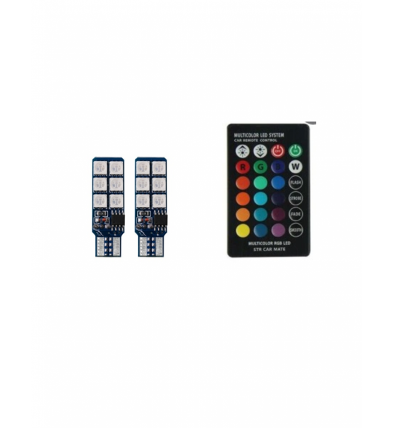 Set 2 Becuri  Auto, W5W/T10/501, 12  Smd tip 5050, 12v, lumina RGB cu telecomanda