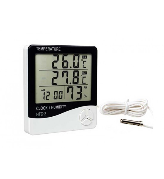 Termometru și Higrometru Multifuncțional cu Ceas și Alarmă HTC-2