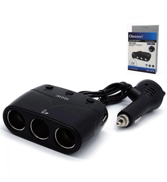 Încărcător Auto Olesson cu 3 Prize și 2 Porturi USB si voltmetru Încărcător Auto Olesson cu 3 Prize și 2 Porturi USB si voltmetru
