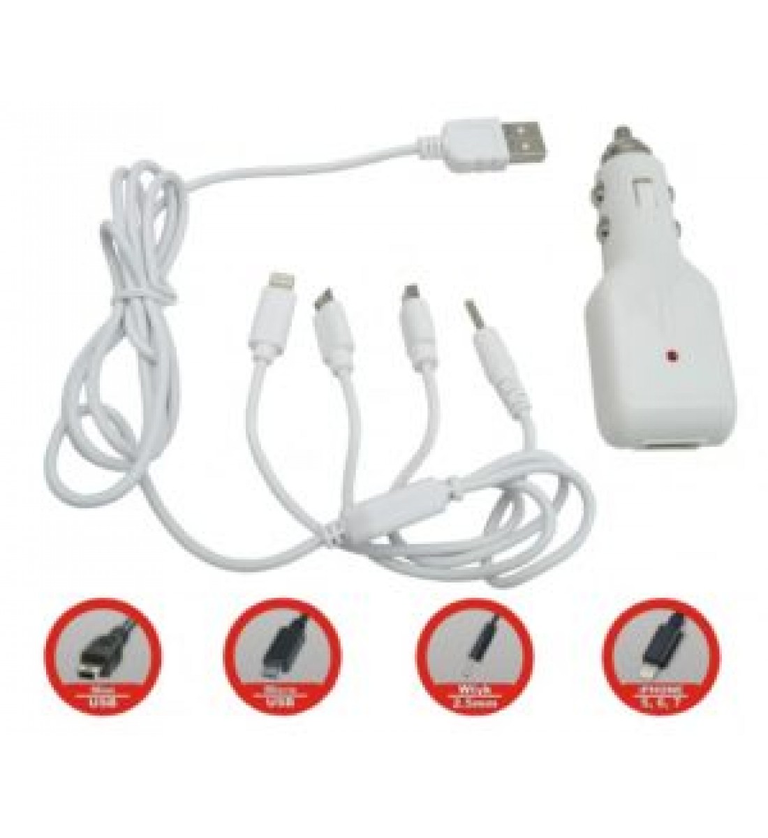 Incarcator auto 5 in 1 cu 4 adaptoare si o iesire USB, alb